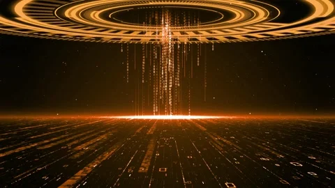 Digital data stream flows down onto glowing abstract technology floor Stock Footage 327625327