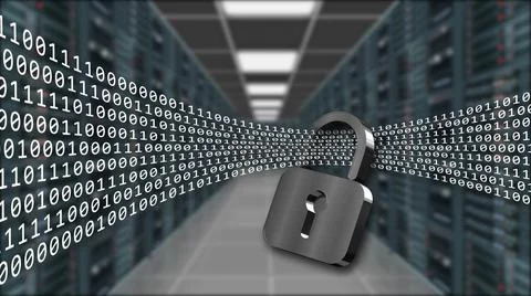 Digital data stream flows through closed padlock - series of binary code Stock Illustration