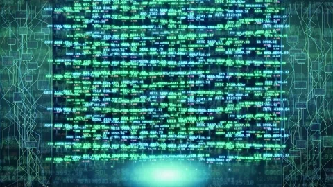 Digital data stream of green computer code scrolling on a dark futuristic Video stock 343445157