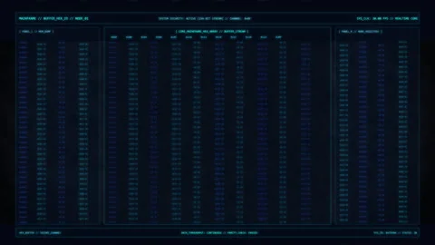 Digital data stream matrix hud interface technology analysis loop Stock Footage 347941387