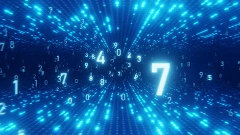 Digital data stream with numbers floating in a futuristic blue tunnel 스톡 일러스트