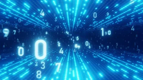 Digital data stream with numbers floating in a futuristic blue tunnel Stock Illustration