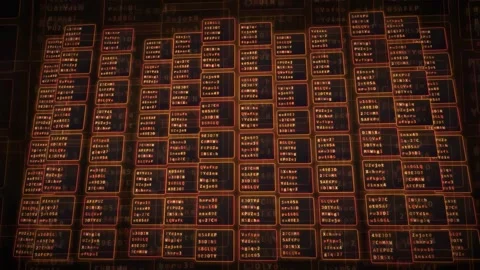 Digital data stream of orange glowing code and text scrolling on a dark Видео 343165946
