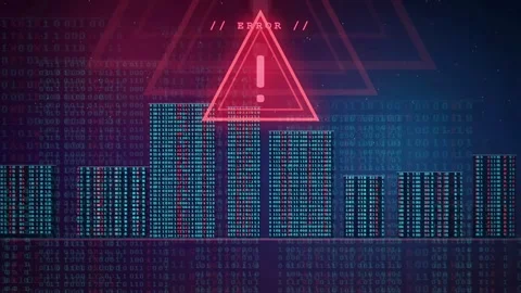 Digital data stream with red warning error sign over binary code city skyline Stock-Footage 343157103