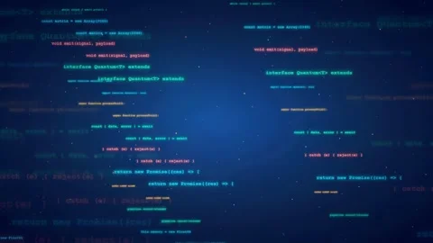 Digital data stream with scrolling computer code and glowing particles on dark Stock Footage 336780112