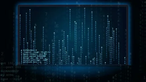 Digital data stream with scrolling computer code and binary numbers on a dark Stock Footage 341819934