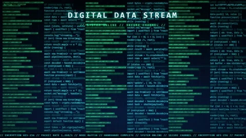 Digital data stream with scrolling computer code and binary numbers on a dark 库存影片 345766240
