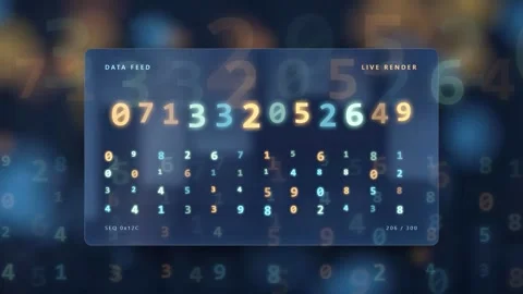 Digital data stream with scrolling numbers and financial statistics on a Stock Footage 343863783