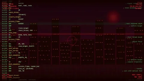 Digital data stream with scrolling red computer code and futuristic hud Stock Footage 345766432