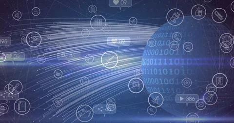 Digital data streams and binary code symbols illustrating global connectivity Stock Photos