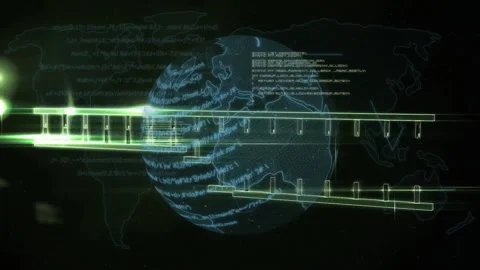 Digital data streams and coding animation over rotating globe and world map Stock Footage 304256197