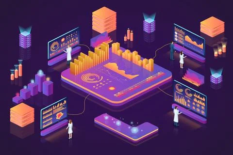 Digital data technology. Isometric 3D infographics. Dashboard analysis and Illustrazione stock