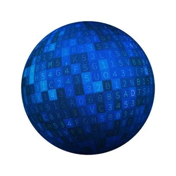 Digital data technology sphere or ball isolated on white background, English  Stock Illustration