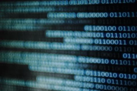 Digital data transfer. one and zero binary data matrix flowing side way. bina Stockfoto's