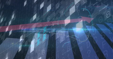 Digital data trends flowing across layered visualization, featuring pink arrow, Stock Footage 307442048
