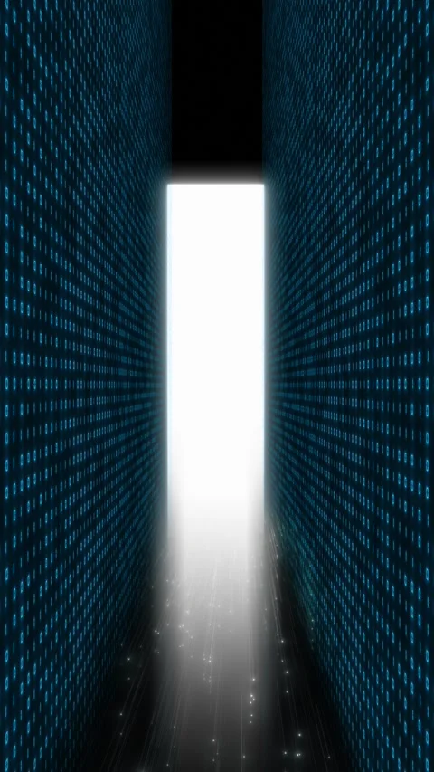 Digital data tunnel exit visual binary code walls, bright portal doorway, and fu Stock Footage 340566780