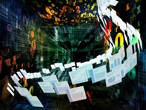 Digital Data Tunnel with Floating Documents and Binary Code Stock Illustration
