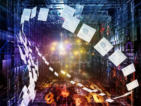 Digital Data Tunnel with Floating Documents and Binary Code 스톡 일러스트