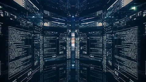 Digital data tunnel HUD screens opens infinity loop. Stock Footage 85130949