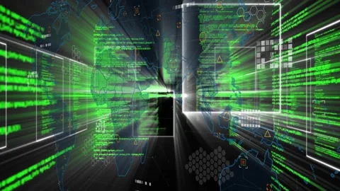 Digital data tunnel speeding on zoom panels sliding code streaks stretching Stock Footage 331789238