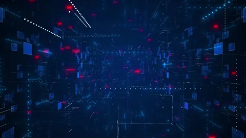 Digital data tunnel technology background floating blue panels, glowing red elem Stock Footage 340477762