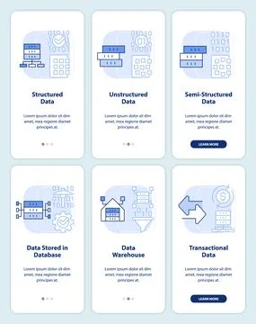 Digital data types light blue onboarding mobile app screen set Stock Illustration
