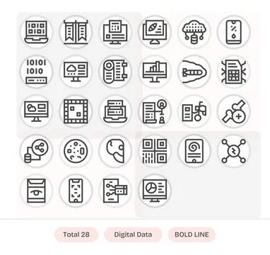 Digital Data Vector Graphics featuring 28 Bold Line Pixel Aligned 128x128 D.. Stock Illustration