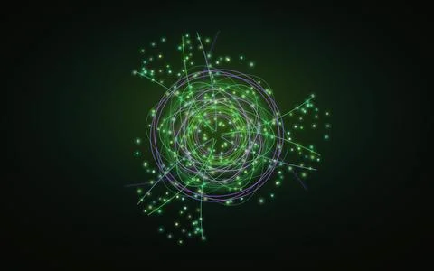 Digital data visualization abstract art. Glowing green particle collision t.. Stock Illustration