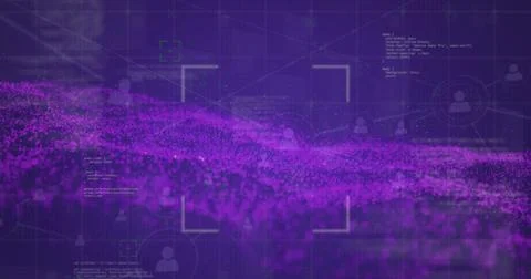 Digital data visualization with abstract purple particles and network Stock Photos