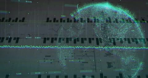 Digital data visualization animating in 3D dashboard, showing globe cluster with Stock Footage 309286689