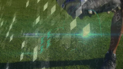 Digital data visualization animating over green grass field in nature scene Stock Footage 303415069