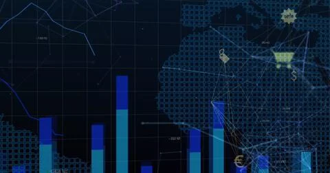 Digital data visualization with bar graphs and world map overlay Stock Photos