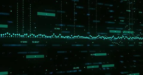 Digital data visualization with dynamic graphs and numbers on dark background Stock Photos