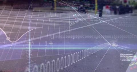 Digital data visualization hovering above ground showing 3D grids, binary Stock Footage 330403355