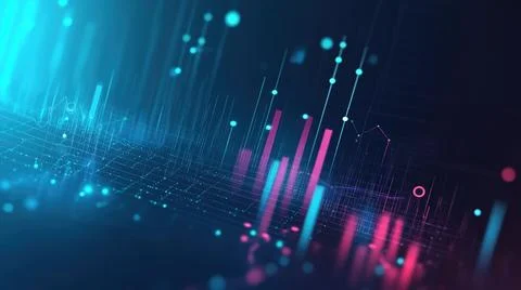 Digital Data Visualization with Neon Blue and Pink Bars, Highlighting Modern Stock Illustration