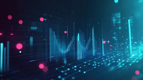 Digital Data Visualization with Neon Blue and Pink Bars, Highlighting Modern Stock Illustration