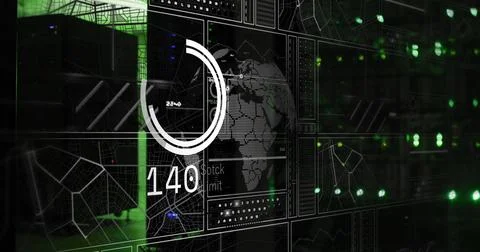 Digital data visualization over world map and graphs, futuristic interface image Stock Photos