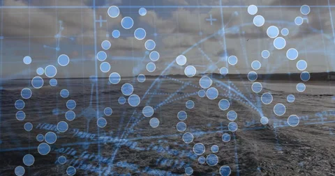 Digital data visualization overlay floating over ocean surface, showing blue Stock Footage 307430013