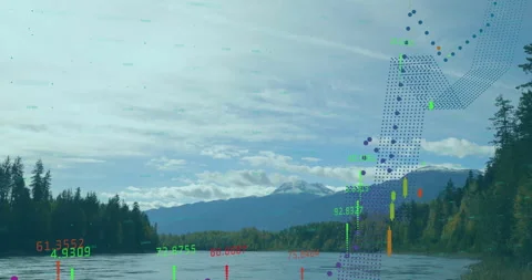 Digital data visualization overlay floating over mountain lake, showing Stock Footage 308655299