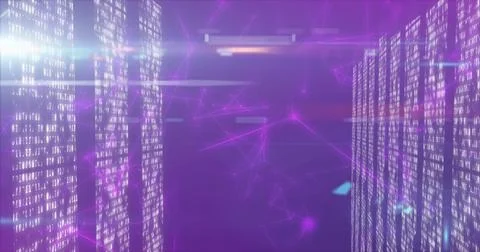 Digital data visualization presenting cascading binary panels in data corridor, 写真素材