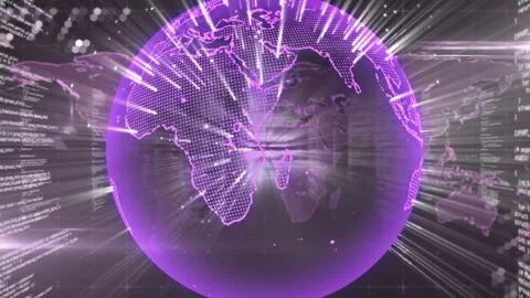 Digital data visualization transforming map into spinning globe, streaming beams Stock Footage 314407933