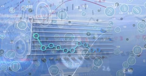 Digital data visualization with various icons and graphs overlaying blue 스톡 사진