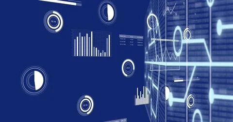 Digital data visualizations and graphs floating in blue virtual space Stock Photos