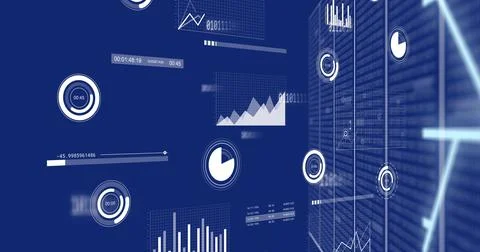 Digital data visualizations with various charts and graphs displayed on blue Stock Photos