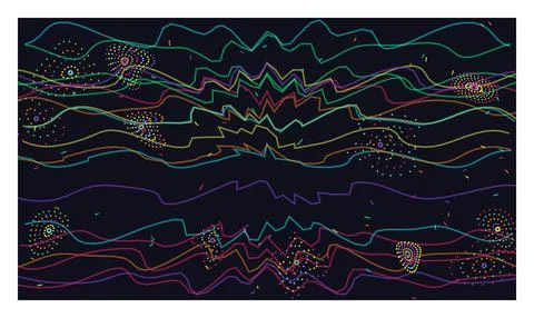 Digital data waves with vibrant neon colors and circular dot patterns on da.. Stock Illustration