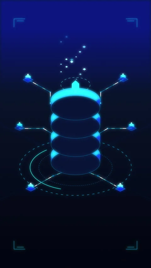 Digital database server with glowing blue nodes, network connectivity, data.. Stock Footage 348328801