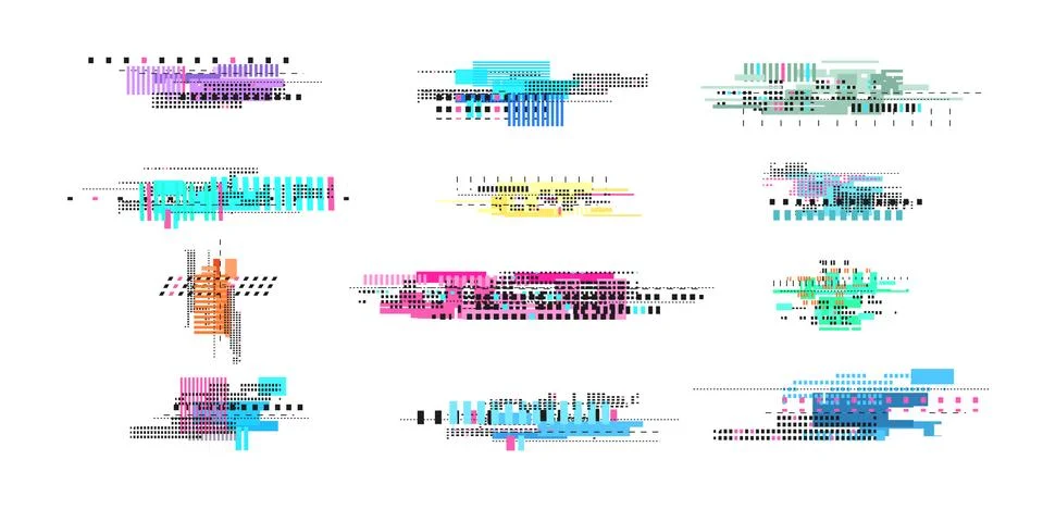 Digital decay elements. Geometric glitch, abstract art tv noise effect. Retro Stock Illustration