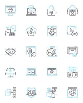 Digital Defense linear icons set. Cybersecurity, Encryption, Firewall, Malware Ilustración de archivo