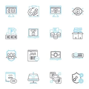 Digital Defense linear icons set. Cybersecurity, Encryption, Firewall, Malware Illustrazione stock