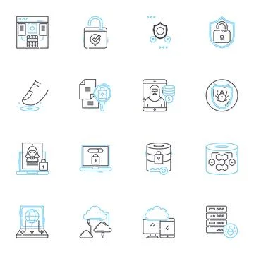 Digital defense linear icons set. Cybersecurity, Encryption, Firewall, Malware Stock Illustration